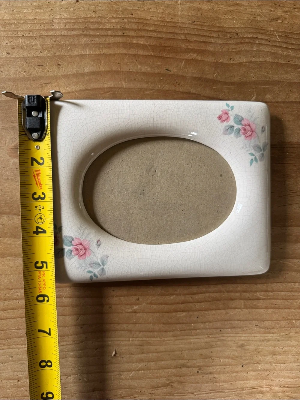 Vintage Floral Ceramic Oval Photo Frame - Pink Rose Accent